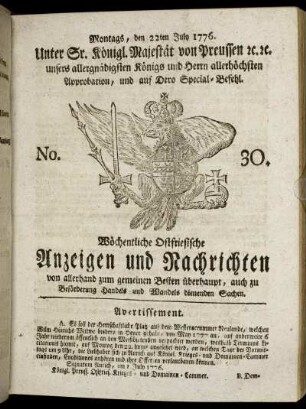 No. 30. Montags, den 22ten July 1776.