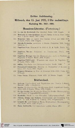 Dritter Auktionstag: Mittwoch, den 15. Juni 1921 (Nr. 343-500)