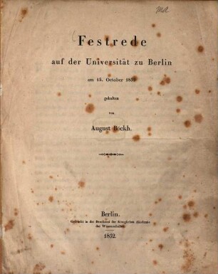 Festrede auf der Universität zu Berlin : am 15. October 1852 gehalten