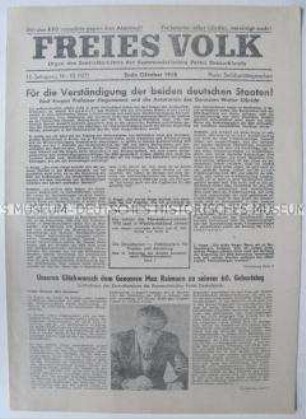 Organ des ZK der verbotenen KPD "Freies Volk" u.a. zum 60. Geburtstag von Max Reimann