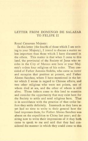 Letter from Domingo de Salazar to Felipe II