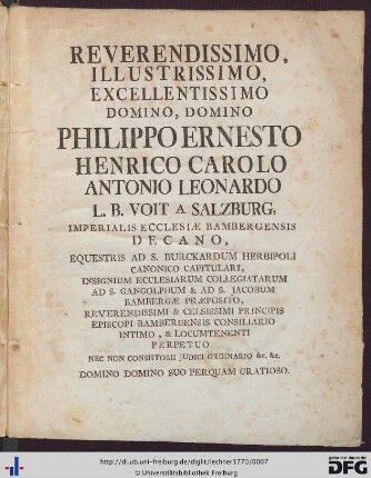 Reverendissimo ... Domino Philippo Ernesto Henrico Carolo Antonio Leonardo ...