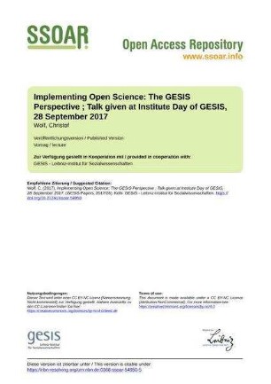 Implementing Open Science: The GESIS Perspective ; Talk given at Institute Day of GESIS, 28 September 2017