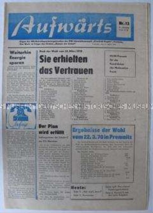 Betriebszeitung des VEB Chemiefaserwerk "Friedrich Engels" Premnitz u.a. zu den Kommunalwahlen