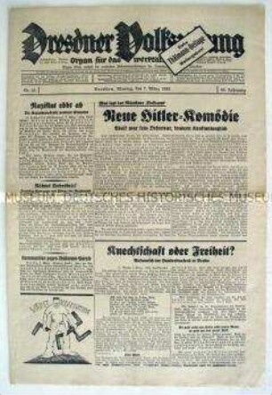 Regionale Tageszeitung der SPD "Dresdner Volkszeitung" u.a. zur Massenkundgebung der Eisernen Front in Berlin