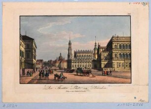 Der Theaterplatz in Dresden nach Osten mit Hotel Bellevue, Katholischer Hofkirche, Schlossturm und erster Semperoper