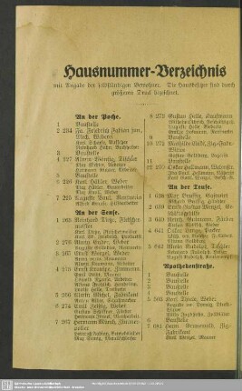 Häuserbuch : Hausnummern-Verzeichnis mit Angabe der selbständigen Bewohner