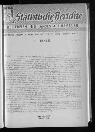 Die Umsätze des Hamburger Einzelhandels im April 1957 : Lfd. Nr. 6