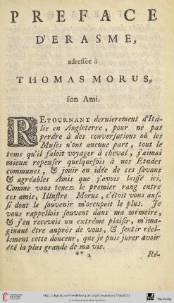 Preface d’Erasme, adressée à Thomas Morus, son Ami