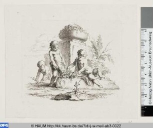 Drei Genien vor einem Denkmal Blumen sammelnd