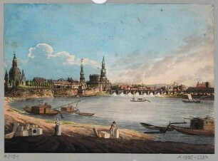 Stadtansicht von Dresden, Blick von der linken Elbseite nach Südwesten auf die Altstadt, im Vordergrund Arbeiter mit Booten