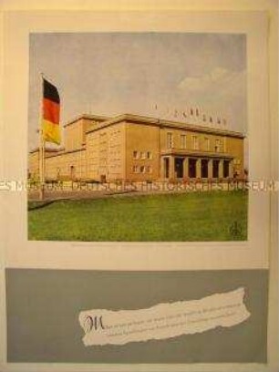 Blatt aus einem Kalender des VEB Elektrochemisches Kombinat Bitterfeld mit der Abbildung des Kulturhauses und einer Losung für die deutsche Einheit