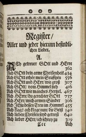 Register/ Aller und jeder hierinn befindlichen Lieder.
