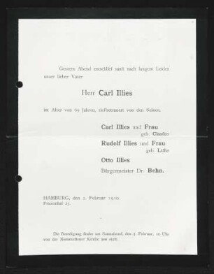 Brief von Otto Illies, Rudolf Illies, Carl Illies und ... Behn an Gerhart Hauptmann