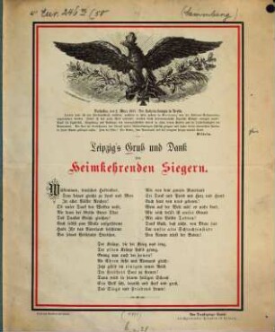 Leipzig's Gruss und Dank den Heimkehrenden Siegern : (Gedicht). Das Verpflegungs-Comité durchziehender Truppen in Leipzig