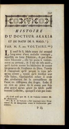 Histoire Du Docteur Akakia Et Du Natif De St. Malo.*) Par M. F. De Voltaire.**)