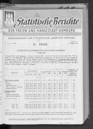 Preisindexziffern für den Wohnungsbau sowie Preise für Baustoffe und Bauarbeiten in Hamburg 1969 : Lfd. Nr. 1
