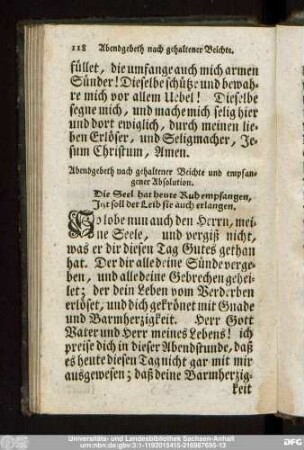 Abendgebeth nach gehaltener Beichte und empfangener Absolution.