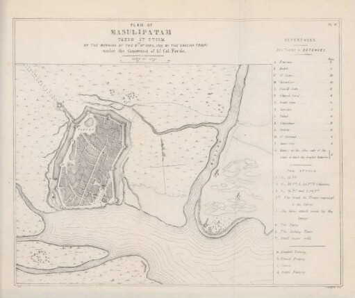 Plane of Masulipatam taken by storm on the morning of the 8th of April, 1759, by the English troops under the command of Lt. Col. Forde