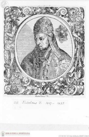 Illustrationen aus Jobin, Bernhard, Accuratae Effigies Pontificum Maximorum (...). Straßburg 1573, Nikolaus V., Papst, Porträt