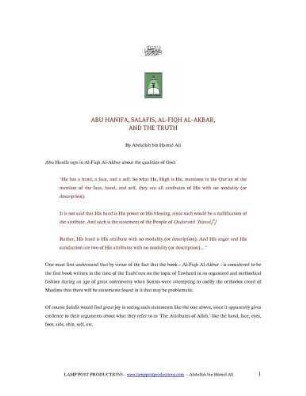 Abu Hanifa, Salafis, al-Fiqh al-Akbar, and the truth