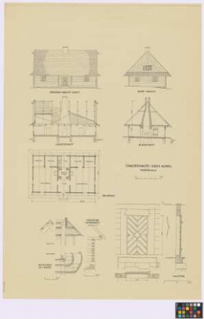 Jakobswalde (Landkreis Cosel): Weberhaus. - Wohn- und Webhaus (West-Seiten-Ansicht, Nord-Giebel-Ansicht, Längsschnitt, Querschnitt, Grundriss). - Kegelfirst am Giebel ([Horizontal-]Schnitt, Teil-Längsschnitt, Teil-Querschnitt). - Nord-West-Hausecke (Teil-Querschnitt). - Haustür (Ansicht, Höhenschnitt, Grundriss)