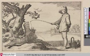 [Angler neben einer zerschlissenen Reuse]