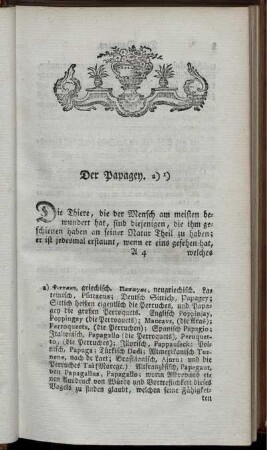 Der Papagey. [Abb. siehe arabische Paginierung]