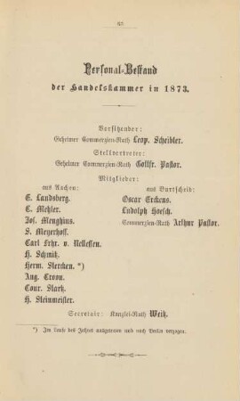Personal-Bestand der Handelskammer in 1873.