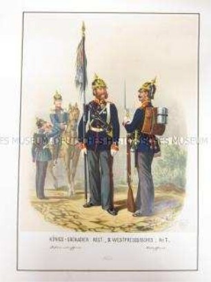 Uniformdarstellung, Offizier zu Pferd, Fahnenunteroffizier und Unteroffizier des Grenadier-Regiments König Wilhelm I (2. Westpreußisches) No. 7, Preußen, 1864. Tafel 26 aus: Schindler: Militair-Album.