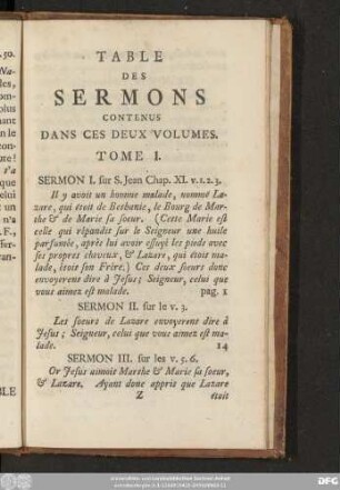 Table Des Sermons Contenues Dans Des Deux Volumes.