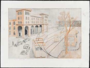 Radierung des Künstlers Erhard Groß, Titel: Portikus Görlitzer Bahnhof, 1991