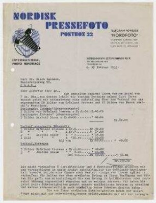 Brief von C.C. Kyhné, Nordisk Pressefoto, Kopenhagen an Erich Salomon