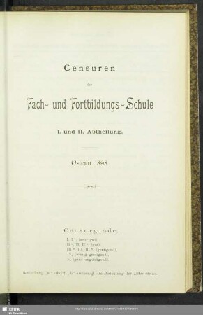 Censuren der Fach- und Fortbildungs-Schule : I. und II. Abtheilung