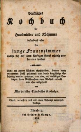 Praktisches Kochbuch für Hausmütter und Köchinnen