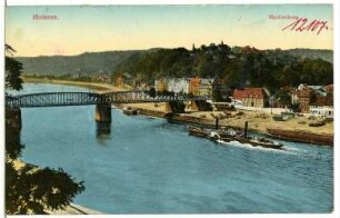 Meißen. Martinsberg, Elbbrücke, Elbe mit Schlepper