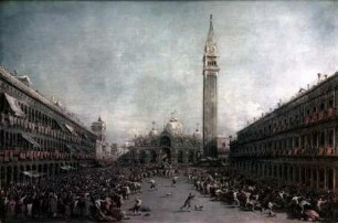 Der Doge von Venedig wird von Gondolieren über den Markusplatz getragen