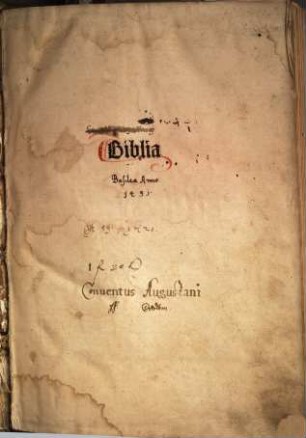 Biblia : mit Marginalkonkordanzen und Kapitularien zum N. T. und Tafel der Evangelien und Episteln. Als Anhang Translatores bibliae und Modi intelligendi sacram scripturam mit Gedicht ‘Littera gesta docet ...‘ (Walther, Initia 10358)