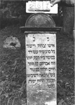 Grabstein 267 (Index: 100106921) Material: Sandstein Zustand: stark verwittert, teilweise Textverlust Maße HxBxT: 118x44x27 cm Beschreibung: Stele mit Abdeckplatte und Rundbogenaufsatz Besonderheit: vermutlich ein erneuerter Stein: Grabstein 267