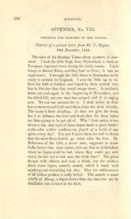 Appendix, No. VIII. Touching the sickness of the troops. Extract of a private letter from Sir. C. Napier, 19th. December, 1844