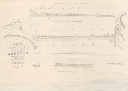 Plan and sections of the annicut constructed across the river Kristna at Bezoarah in 1853., 1854. & 1855.