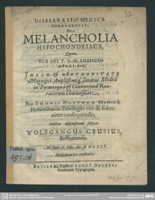 Dissertatio De melancholia hypochondriaca