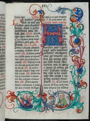 Zierinitiale: A(postolici natalis), bewohnte Rankenbordüre: heiliger Petrus und heiliger Paulus