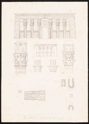 Tempel der Hathor, Dendera: Wie Inv.Nr. 44819,1: Ansichten, Schnitte, Situation, Details Kapitelle mit Hathorreliefs