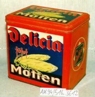 Vorrats-Blechdose für Mottenvernichtungsmittel? "Delicia tötet Motten"