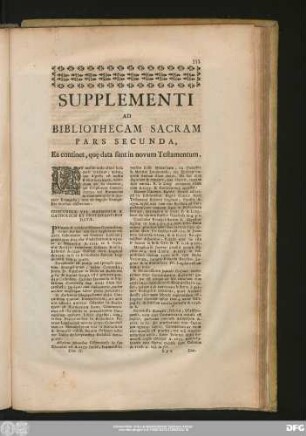 Supplementi Ad Bibliothecam Sacram Pars Secunda, Ea continet, quę data sunt in novum Testamentum.