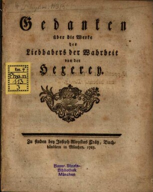 Gedanken über die Werke des Liebhabers der Wahrheit von der Hexerey