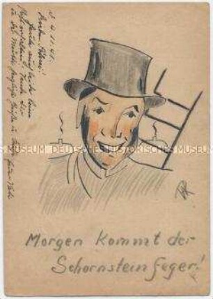 Selbstgezeichnete Feldpostkarte an den Sohn: Schornsteinfeger