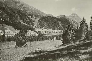 Pontresina (Schweiz). Blick von Westen. Im Mittelgrund links das Schloßhotel, rechts davon Hotel Kronenhof, dahinter die protestantische Kirche, weiter rechts die englische Kirche, die katholische Kirche Santa Maria und die Turmruine Spaniola
