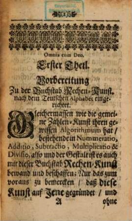 Arithmeti-, Geometri-, Algebrai- und Historische Ergetzlichkeiten : Erster und zweiter Theil, worinnen die ... so genannte Buchstab-Rechen-Kunst ...